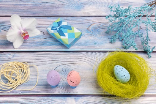 Nest with a colored Easter egg, a gift box, an orchid flower and a rope on the boards with decorative plants. Top view.
