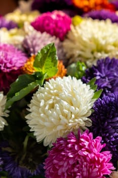 Colorful bouquet of flowers background. Mixed flowers vivid colors. Colourful pattern texture backdrop for advertisement