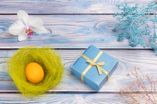 Nest with Easter egg, a gift box and an orchid flower on the boards with decorative plants. Top view.