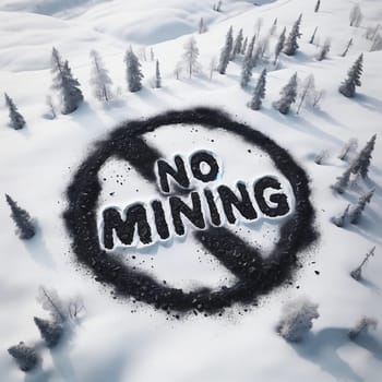 No mining written in coal on a snowy landscape, Environmental activism in nordic. High quality photo