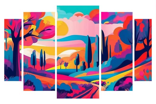 AI generated five vertical panes tryptyck art deco psychedelic landscape in fauvism style