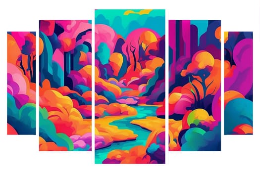 AI generated five vertical panes tryptyck art deco psychedelic landscape in fauvism style