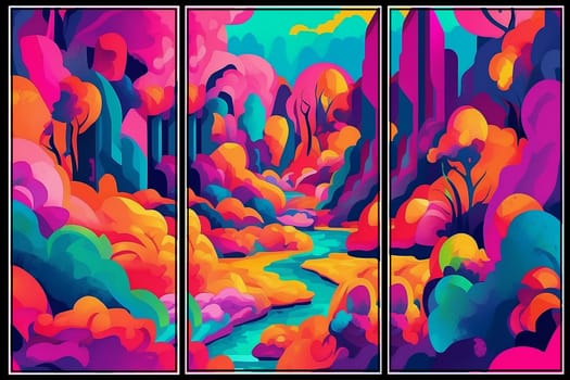 AI generated triptych art deco psychedelic landscape in fauvism style