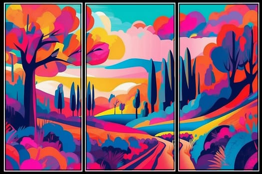 AI generated triptych art deco psychedelic landscape in fauvism style