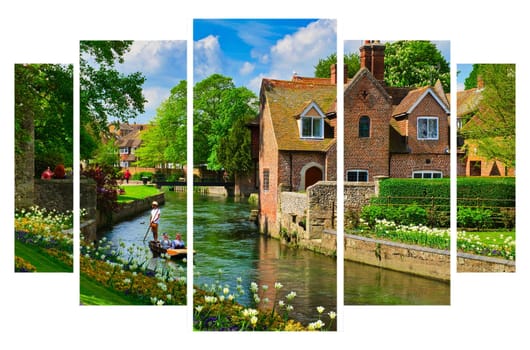 Tourists punting on the Great Stour river in Westgate Gardens,Canterbury,England. Five panes triptyck.