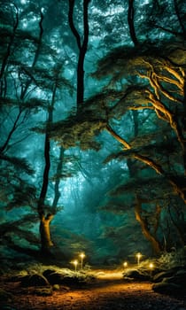 Moonlit Forest Glade. Amidst ancient trees, a moonbeam illuminates a hidden glade. Dew-kissed mushrooms glow softly, and fireflies dance in the night. Ethereal beauty of this mystical meeting place.