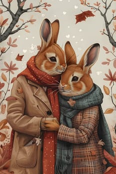 Two mammals from the family Leporidae, specifically two rabbits, are embracing while wearing coats and scarves in a heartwarming display of affection