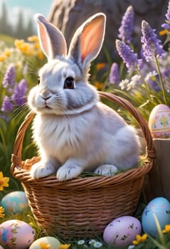 White bunny with Easter eggs in nature. AI generated image.