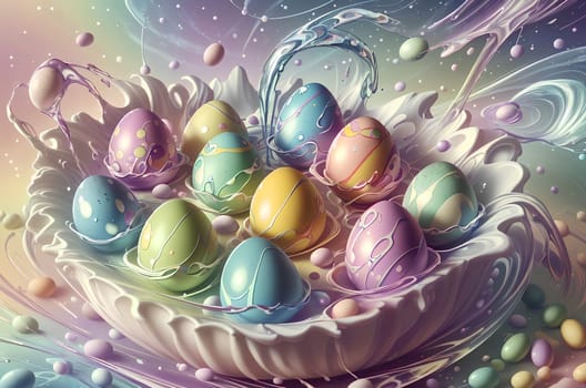 Easter colored eggs with drawings are splashed with paint in large quantities. Abstract background. AI generated image.