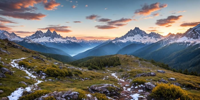 Serene Mountain Vista. Capture a breathtaking sunrise over snow-capped mountains. Panorama