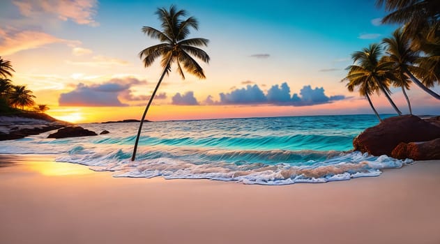 A sunset paints the sky in hues of orange pink over a tranquil beach with a palm tree swaying gently. Waves kiss the shore. Generative AI.