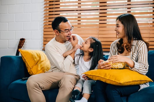 A smiling family with popcorn gathers in living room watching TV together. They are enjoying candid moments of togetherness bonding and relaxation during their quality time at home.