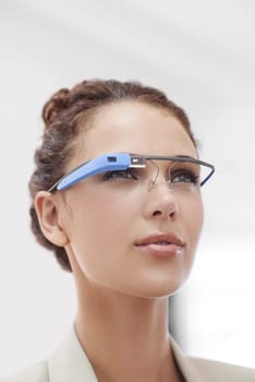 Virtual reality, connection and businesswoman with smart glasses for internet network in office. Future technology, workplace and consultant with designer VR eyewear, vision and online communication