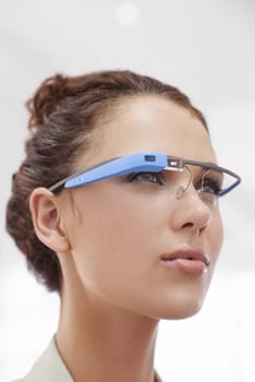 Augmented reality, business and woman with smart glasses for internet networking in office. Future technology, workplace and consultant with designer VR eyewear, vision and online communication