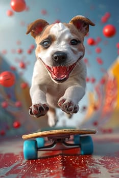 A Fawn and white Australian Shepherd dog, a breed in the Sporting Group, is skillfully riding a skateboard on a ramp under the blue sky