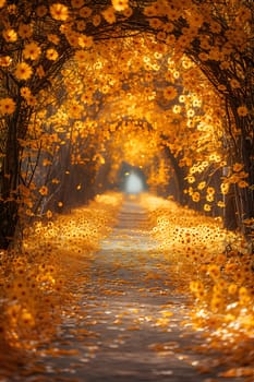 A road winding through a natural landscape filled with brown and amber hues of deciduous trees in autumn, creating a picturesque art piece of tints and shades