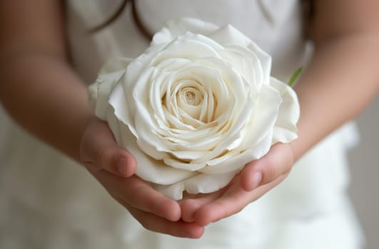 A close up of a child's hands carefully holding a pristine white rose, its petals arranged in concentric circles, against a soft white dress background
