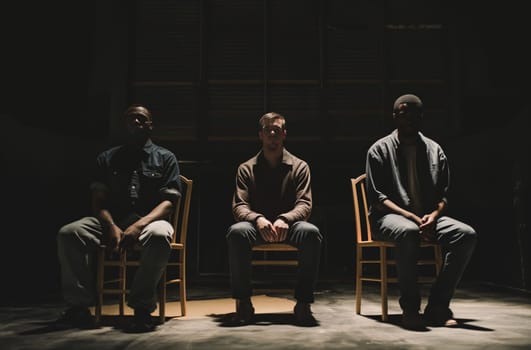 Three men sit on chairs in a dimly lit room, each isolated in a beam of light that highlights their pensive expressions, representing different ethnic groups