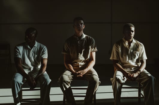 Three men, each from a different ethnic background, sit in a dimly lit room
