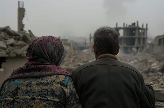 A couple, seen from behind, looks at the wreckage of their home, the aftermath of recent military action, against the backdrop of grim ruins