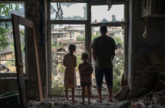 Viewed from behind, a man and two children stand at a shattered window, looking out at the rubble of their once intact home, a stark depiction of domestic life interrupted by warfare