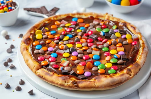 Freshly baked pizza spread with chocolate and topped with an assortment of colorful candies, chocolate chips and sprinkles, laid out on a white plate