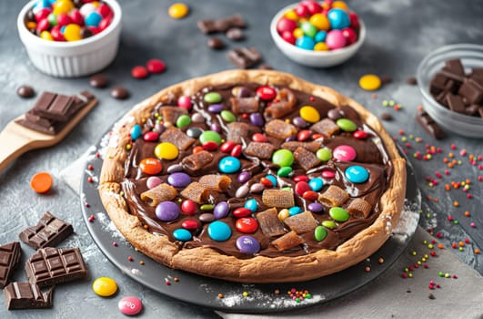 Pizza covered with chocolate spread, assorted colorful candies, chocolate pieces and caramel wafers on a cooked dough base and chocolate pieces on a gray surface