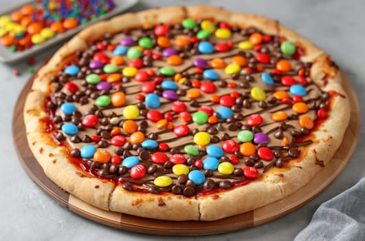 Pizza with golden crust, covered with a layer of chocolate sauce, with lots of colorful candies and chocolate chips