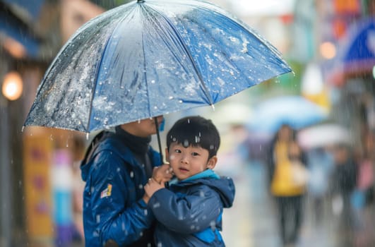 One child in a blue hooded jacket holds a blue umbrella with large raindrops, covering another child, also in a blue jacket, on a city street with blurry figures in the background