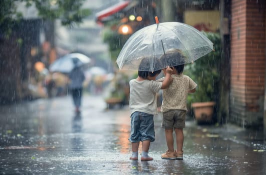 Two children share a clear umbrella on a rain wet street and watch the scene, with raindrops falling on the umbrella and a street with lanterns in the background