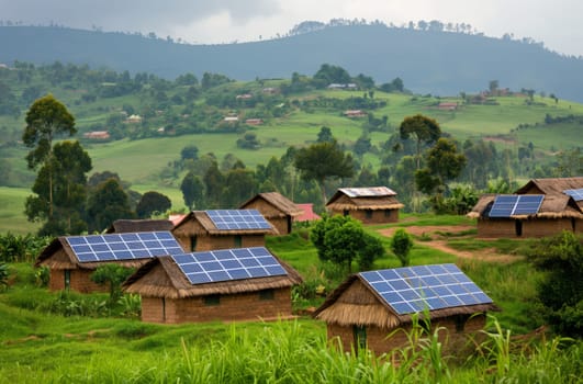 Rural African landscape with mud houses topped with solar panels, showcasing sustainable energy use in a green hilly environment