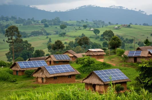Rural landscape with traditional huts equipped with solar panels in a green valley with trees and distant hills