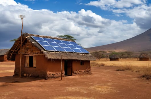 A traditional mud house in an African village equipped with modern solar panels on the roof