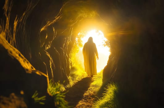 The robed figure of Jesus Christ emerging from the cave into the bright light, the bright light creates the effect of a silhouette against the background of the interior of the cave