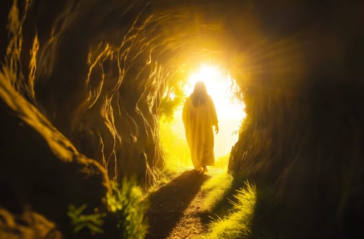 A robed figure, symbolizing Jesus Christ, stands at the entrance to the cave, highlighting the silhouette with a radiant glow