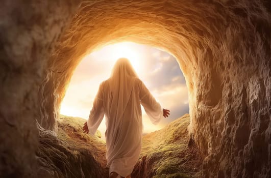 Image depicting a robed figure, symbolizing Jesus Christ, emerging from a cave into a radiant sunlight