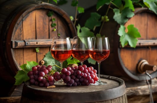 Three glasses of rose wine, on an oak barrel with bunches of red grapes and grape leaves against the background of wine barrels in a winery