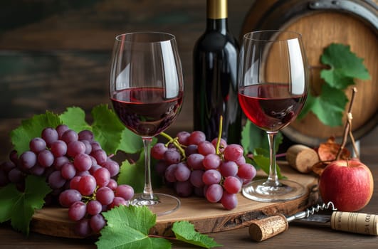 Still life image of two glasses of red wine, a bottle, bunches of red grapes on a wooden board, an apple, and a wine opener, with a wine barrel in the background