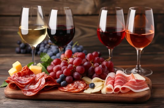 Wine tasting setup with glasses of red, white and rose wine and wooden board with grapes, slices of cheese and cold cuts