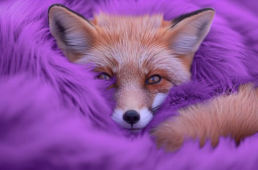 A red fox peeking out from under purple fur, its sharp eyes and bright orange fur contrasting with the purple background