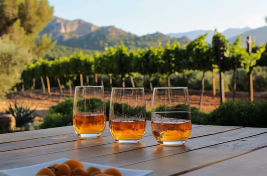 Three glasses of orange wine on a wooden table, with a vineyard and mountains in the background