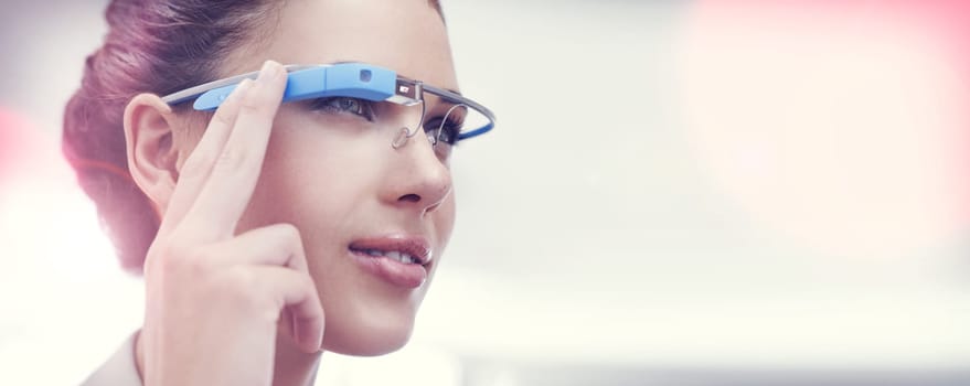 Augmented reality, vision and woman with smart glasses, internet connection and communication on mockup in office. Future technology, workplace and consultant with VR eyewear, networking and focus.