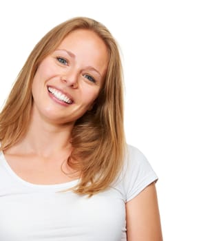 Portrait, hair and happy woman in studio with shampoo, results or beauty and color on white background. Blonde, haircare or face of female model with growth, texture and dye satisfaction or treatment.