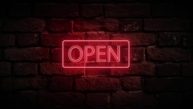 3d render of neon red sign open on a brick wall in 4k