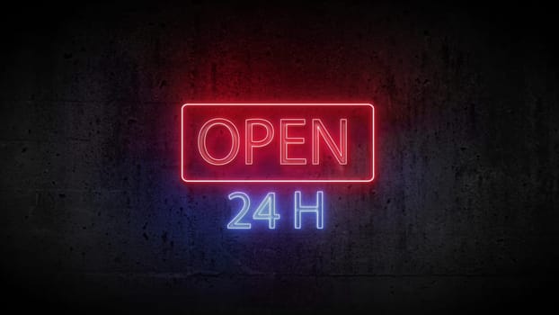 3d render of neon sign open 24 hours on the wall in 5k