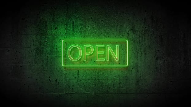 3d render of a green neon sign open on a concrete wall in 5k