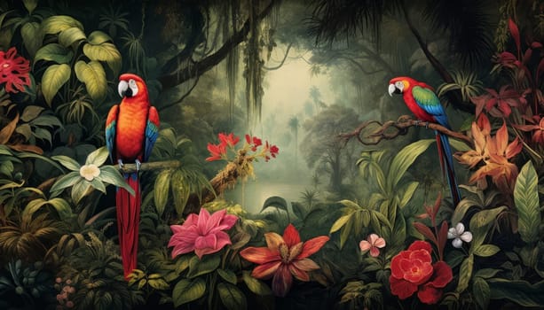 image of red parrots in the tropical forest in the style of matte painting in 5k