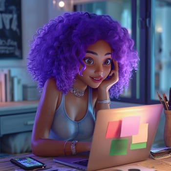 woman sitting at computer with purple hair, in the style of afro in 5k