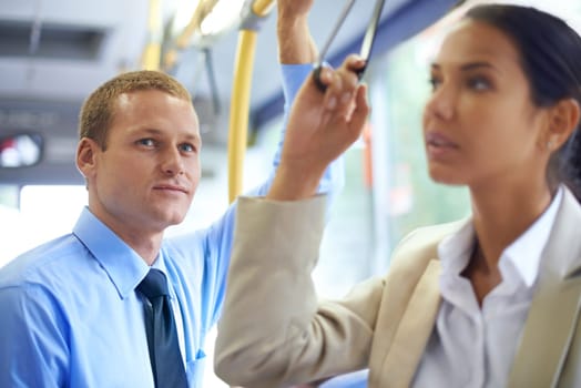 Man, smile and commute on public transportation or bus, journey and travel to work in city. Business people, auto service and trip or transit on metro, traffic and passengers or relax in vehicle.