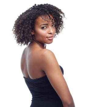 Portrait, black woman with skin and beauty for hair, texture and natural curls with cosmetics on white background. Cosmetology, makeup and haircare for growth, relax with confidence and smile.